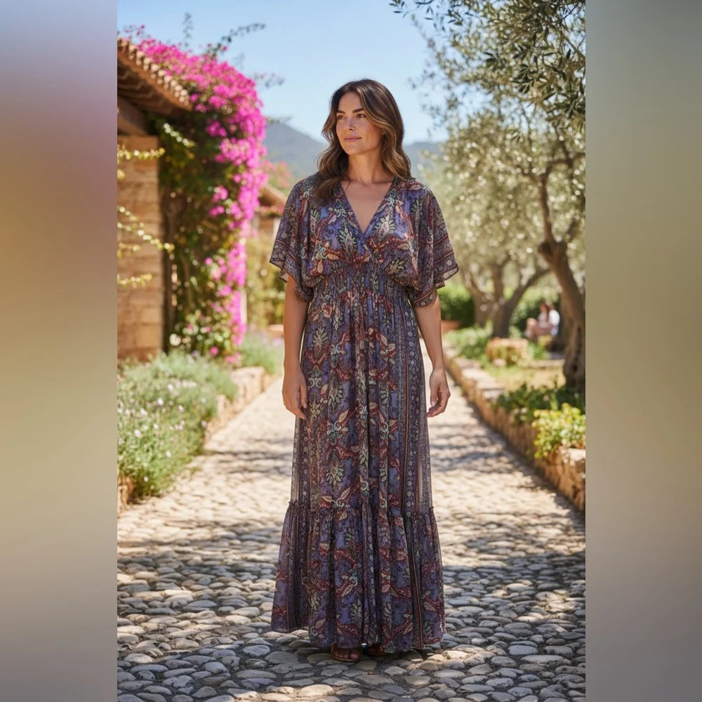 Karma Highway One Size Dolman Blouson Maxi Dress Boho Floral Purple Red Pattern - Picture 4 of 11